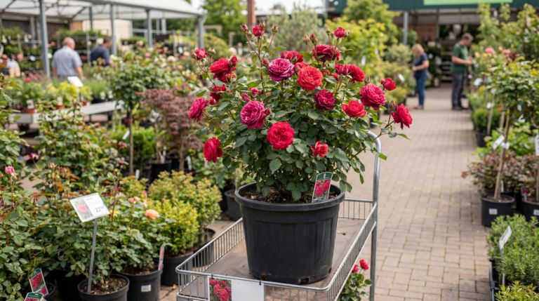 Rosier en fleur vendu en pépinière